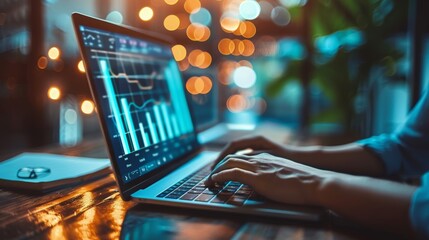Close-up of a businessman using a notebook computer in a modern office with financial signs and growth graph symbols overlay
