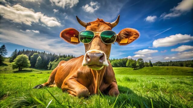 A playful brown cow with a goofy expression and oversized sunglasses lounges in a green meadow, adding a