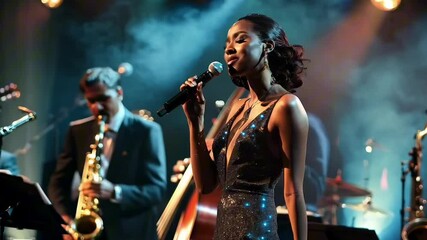 An elegant black female jazz singer captivates the audience with her soulful performance, standing close to the microphone