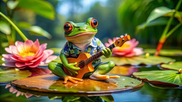 A playful frog wearing sunglasses and a Hawaiian shirt sits on a lily pad, holding a mini guitar,
