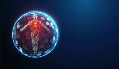 Abstract illustration of human body silhouette protected by shield barrier made of glowing neon particles. Blue geometric background depicting health care concept. Digital vector illustration