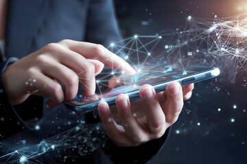 Professional businessman using mobile payment app concept in high resolution image with glossy backdrop, showcasing convenience and efficiency of digital transactions in professio