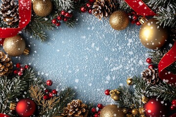 Festive Christmas border with pine branches, ornaments, and snowflakes, perfect for holiday greetings and seasonal designs.