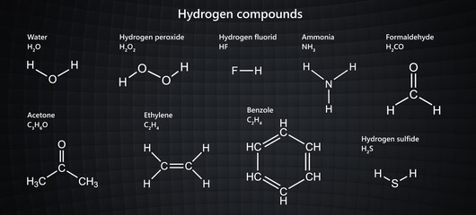 Compilation of various hydrogen (H) compounds: water, peroxide, fluoride, ammonia, formaldehyde, acetone, methylene, benzole, hydrogen sulfide. Chemical formula and 2d structure. Black background.