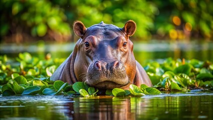 Fototapeta premium A rotund and adorable young hippopotamus emerges from a murky river, its smooth skin glistening with dew, surrounded