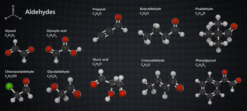 A set of aldehydes: glyoxal, glyoxylic acid, propynal, butyraldehyde, pivaldehyde, chloroacetaldehyde, glycolaldehyde, glucic acid, crotonaldehyde, phenylglyoxal. Chemical formula and structure.