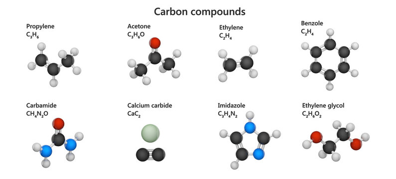 A set of various carbon (C) compounds: propylene, acetone, ethylene, benzole, carbamide, calcium carbide, imidazole, ethylene glycol. 3d illustration. White background