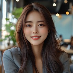 Obraz premium Beautiful portrait of an Asian woman in a modern cozy setting