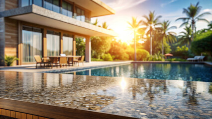 Fototapeta premium Granite countertop in the background of a modern villa with a pool in golden hour lighting, ideal for product mock up photography