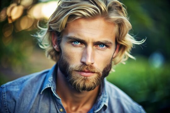 A ruggedly handsome bearded blonde-haired male with a strong jawline and piercing blue eyes gazes intensely with a
