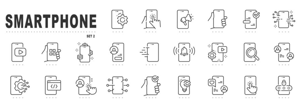 Set of smartphone related line icons. Device, message, phone, call, app, screen etc. Editable stroke