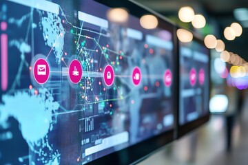 Digital Screen Displaying Network Connections and a World Map