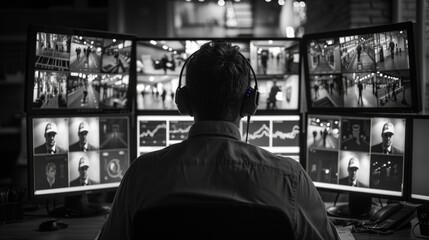 Obraz premium Security operator monitoring multiple screens displaying surveillance footage in a control room setting during evening hours