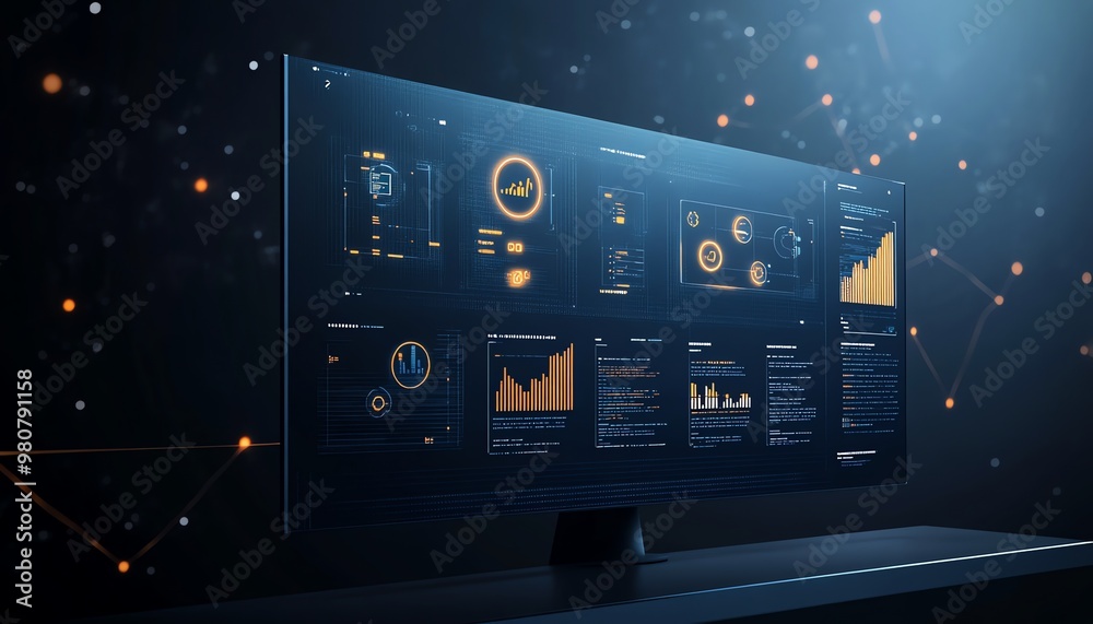 Poster modern desktop with digital data display on a monitor