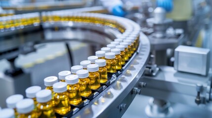 Obraz premium Automated Pharmaceutical Production Line, Conveyor Belt, Medicine Bottles, Factory, Manufacturing , pharmaceutical, manufacturing
