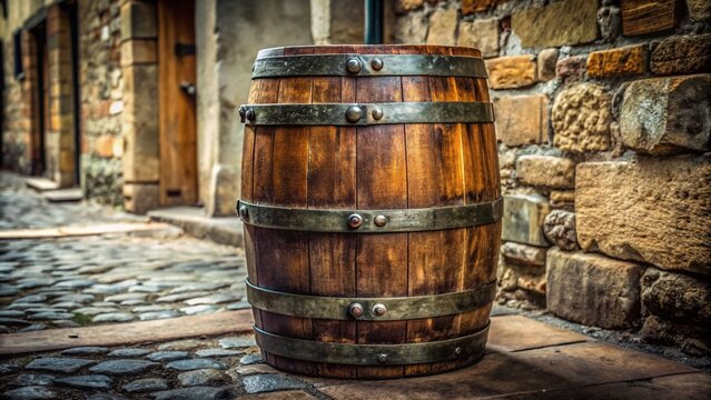 A rustic wooden puncheon, adorned with metal bands, stands alone on a weathered stone floor, exuding a sense