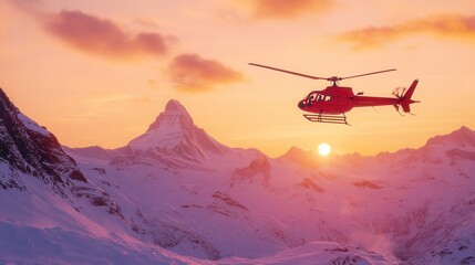 Fototapeta na wymiar Helicopter Flying Over Snow-Capped Mountains at Sunset