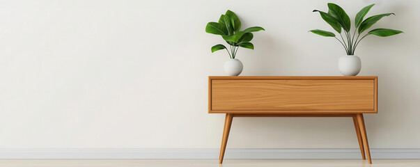 Architectdesigned living room with a teak console table, featuring clean lines and minimalist decor, under a modern light fixture