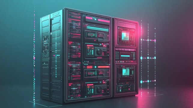 Two Futuristic Servers With Colorful Digital Displays