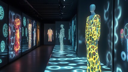 18. A digital fashion art installation with clothing that changes patterns and colors in response to viewer interaction
