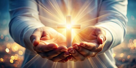 A serene and peaceful image of gentle hands holding a delicate cross amidst soft, ethereal light, conveying a