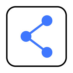 Blue share icon of interconnected dots on white backdrop inside a rounded black square frame. Ideal for social media, sharing content, user interface design, connectivity themes, and digital communica