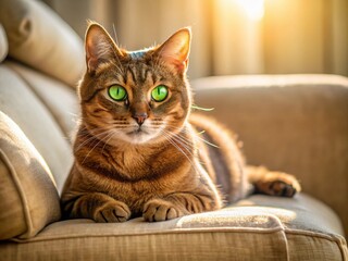 A serene brown cat with bright green eyes and soft fur lounges on a cozy cream-colored couch, basking