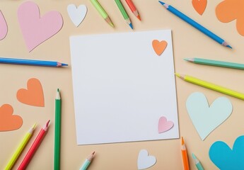 colorful heart shapes, blank paper, stationery items, vibrant colors, love theme, creative workspace, flat lay arrangement with colorful supplies