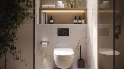 A small, modern bathroom with marble accents, a floating toilet, and built-in shelves for smart storage