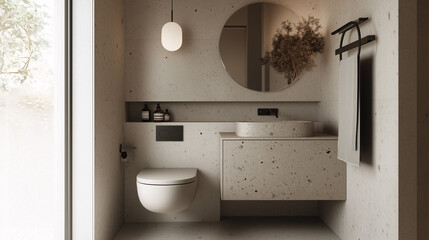 A small, modern bathroom with marble accents, a floating toilet, and built-in shelves for smart storage