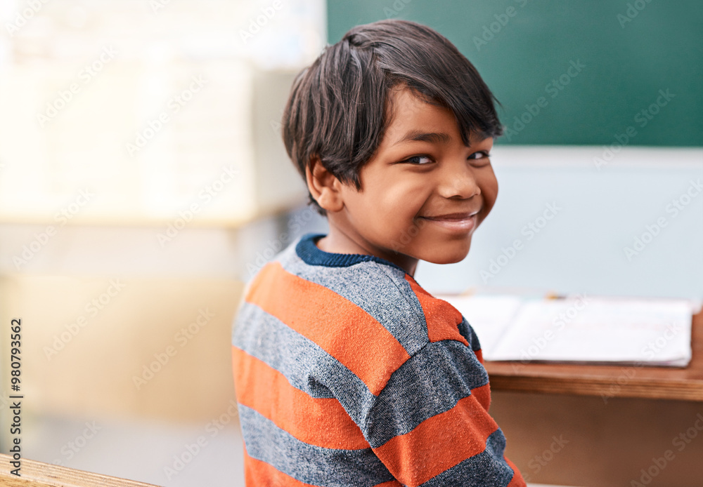 Poster portrait, happy and boy in class for education in growth, child development and notebook for educati