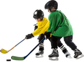 Dynamic moment between two young hockey players fighting for puck, training, showing skills and focus during game, isolated on transparent background. Concept of sport, childhood, active lifestyle