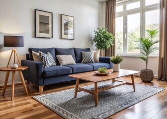 Fototapeta premium A serene living room features a navy blue sofa, patterned rug, and sleek wooden coffee table, surrounded by