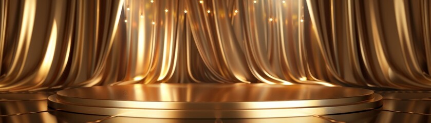 Golden Stage with Draped Fabric, 3D Rendered, Product Display, Minimalist, Luxury , product display, mockup