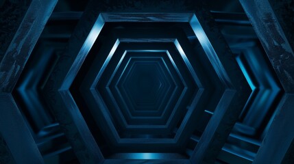 Obraz premium Hexagon Tunnel - Deep Blue Abstract Perspective, 3D Render, Geometric, Shapes, Tunnel, Abstract, Blue