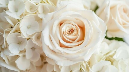 Elegant Bouquet Close-Up of White Hydrangeas and Cream Roses on a Soft White Background