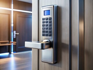 A shallow-depth-of-field image of a modern electronic door code lock with glowing keypad and backlit LCD display on