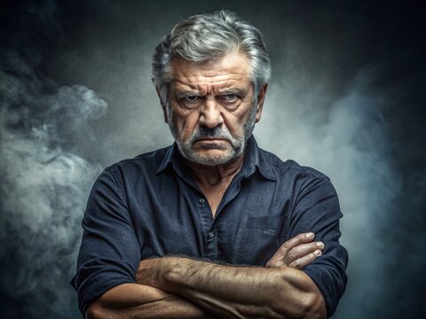 A severe-looking older adult with a scowling face and arms crossed, conveying strong disapproval and condemnation,
