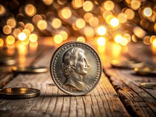 A shiny, worn, vintage nickel coin rests on a weathered wooden table, surrounded by scattered coins, with a