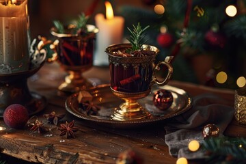 Festive Mulled Wine with Orange Slices and Spices on Holiday Table