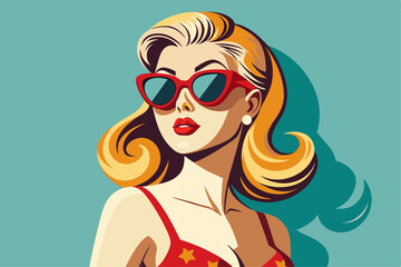 Vintage style illustration of a woman wearing sunglasses.  ideal for vintage or retro-themed project