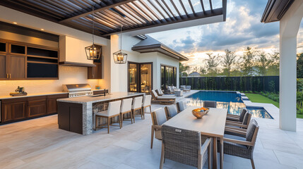 A sophisticated outdoor dining space with an infinity pool in the background, modern kitchen setup, and comfortable seating under a pergola