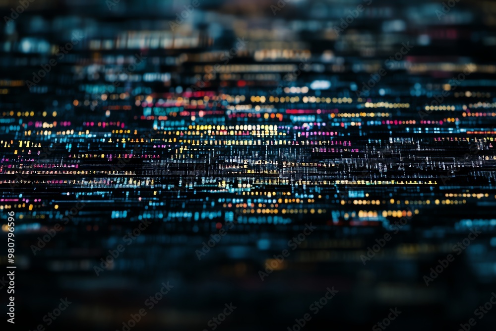 Poster blurred abstract view of multicolored text on a black background