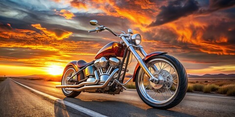 Obraz premium A sleek, chrome-plated custom chopper motorcycle with elongated forks, lowered suspension, and vibrant flame decals