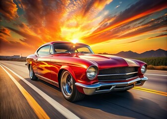 Fototapeta premium A sleek, customized vehicle with flame decals and chromed pipes speeds down a sunny highway, its bold red