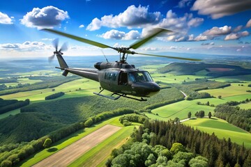 A sleek, dark-gray military helicopter soars through a bright blue sky, rotor blades spinning, casting a shadow on