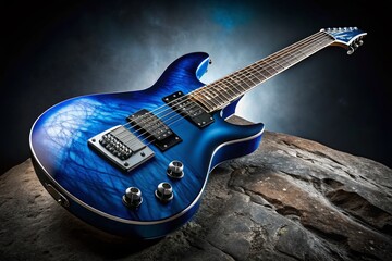 A sleek, electric blue guitar with silver accents and intricate design elements sits on a dark background, evoking