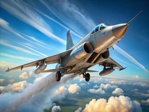 A sleek, grey SU-22 fighter jet soars through a clear blue sky, its wings tilted, leaving a trail