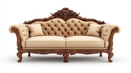 A classic Victorian-style vintage sofa with rich, textured fabric and detailed wood carvings, placed on a white background.