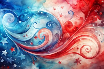 Vibrant red and blue watercolor swirls blend in abstract harmony, evoking patriotism and freedom, with subtle nods to the nation's symbolic colors on a dreamy background.